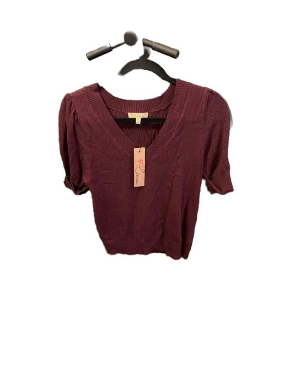 Les Serein Burgundy V-Neck Puff Sleeve Sweater Size M